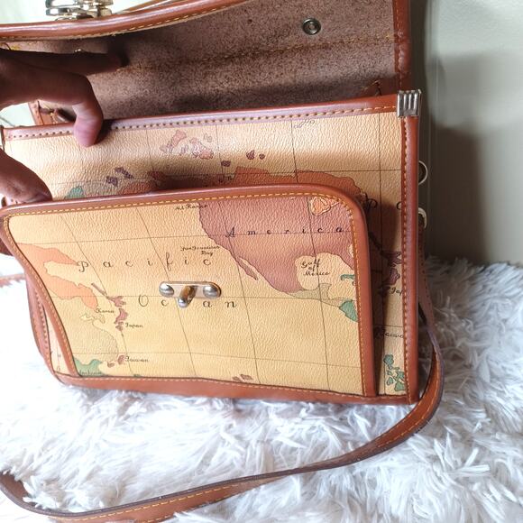Vintage World Map Leather Hand Bag With Shoulder Strap Top Handle Crossbody - Picture 6 of 10
